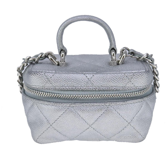CHANEL Matelasse Hand Bag Caviar Skin 2way Silver CC Auth bs21131