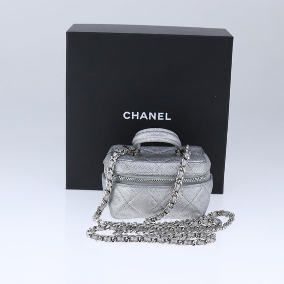 CHANEL Matelasse Hand Bag Caviar Skin 2way Silver CC Auth bs21131