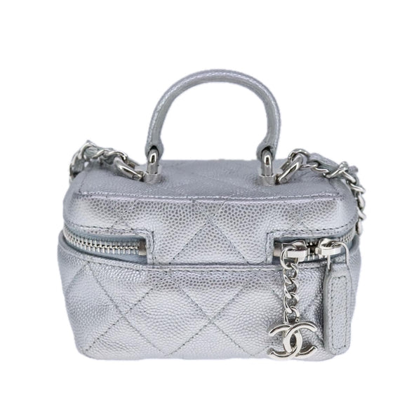 CHANEL Matelasse Hand Bag Caviar Skin 2way Silver CC Auth bs21131