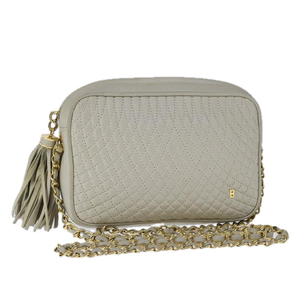 BALLY Chain Quilted Shoulder Bag Leather Beige Gold Auth bs21142