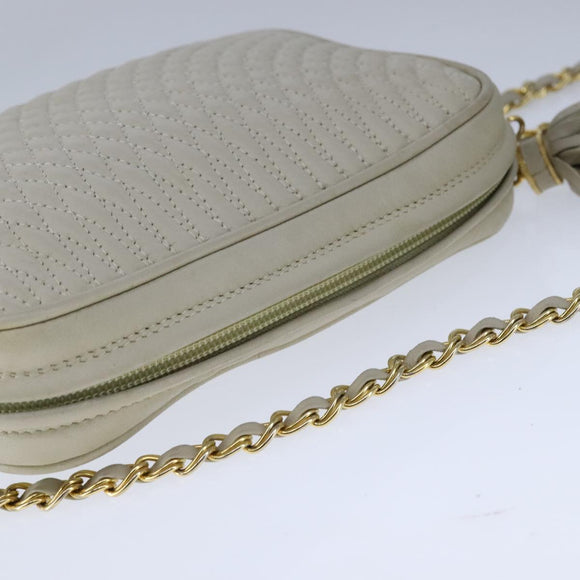 BALLY Chain Quilted Shoulder Bag Leather Beige Gold Auth bs21142