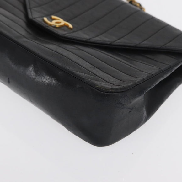 CHANEL Mademoiselle Chain Shoulder Bag Lamb Skin Black Gold CC Auth bs21196