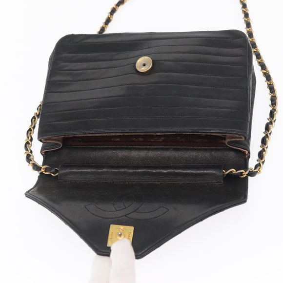CHANEL Mademoiselle Chain Shoulder Bag Lamb Skin Black Gold CC Auth bs21196