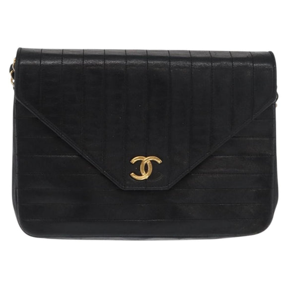 CHANEL Mademoiselle Chain Shoulder Bag Lamb Skin Black Gold CC Auth bs21196