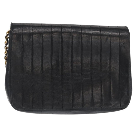 CHANEL Mademoiselle Chain Shoulder Bag Lamb Skin Black Gold CC Auth bs21196