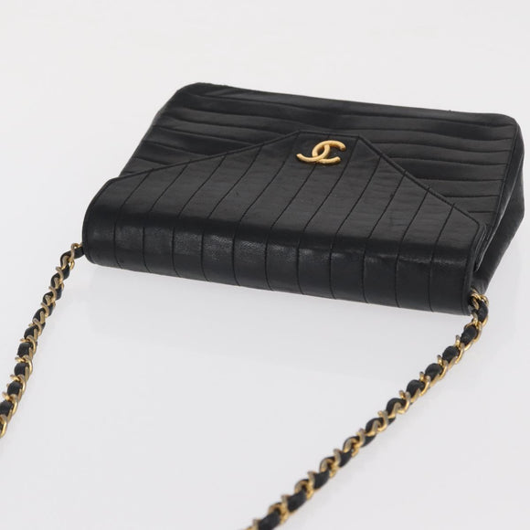 CHANEL Mademoiselle Chain Shoulder Bag Lamb Skin Black Gold CC Auth bs21196