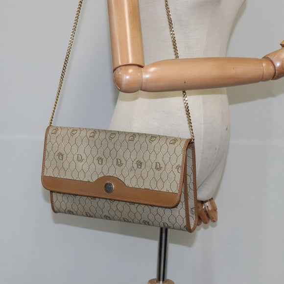 Christian Dior Honeycomb Canvas Chain Shoulder Bag PVC Beige Gold Auth bs21206