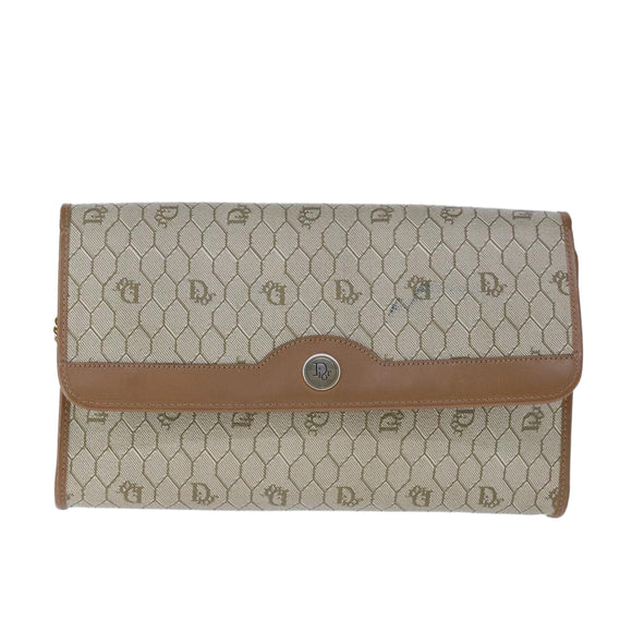 Christian Dior Honeycomb Canvas Chain Shoulder Bag PVC Beige Gold Auth bs21206
