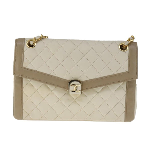 CHANEL Matelasse Chain Hand Bag Lamb Skin Beige Gold CC Auth bs21211