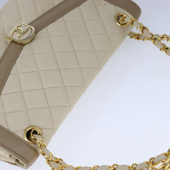 CHANEL Matelasse Chain Hand Bag Lamb Skin Beige Gold CC Auth bs21211