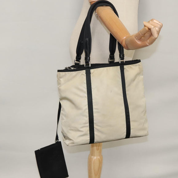PRADA Tote Bag Nylon Beige Auth bs21295
