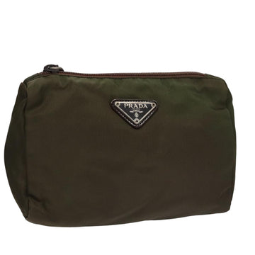 PRADA Pouch Nylon Khaki Silver Auth bs21351