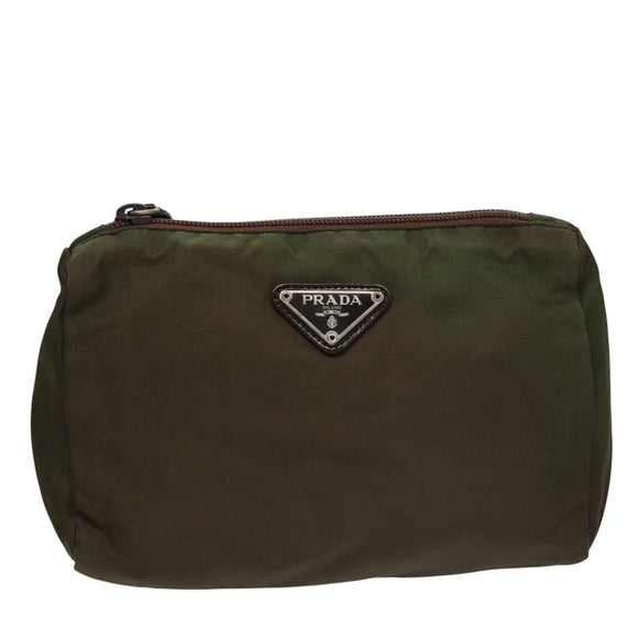 PRADA Pouch Nylon Khaki Silver Auth bs21351