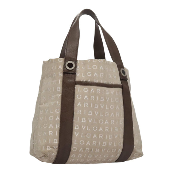 BVLGARI Tote Bag Canvas Brown Silver Auth bs21581