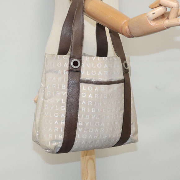 BVLGARI Tote Bag Canvas Brown Silver Auth bs21581