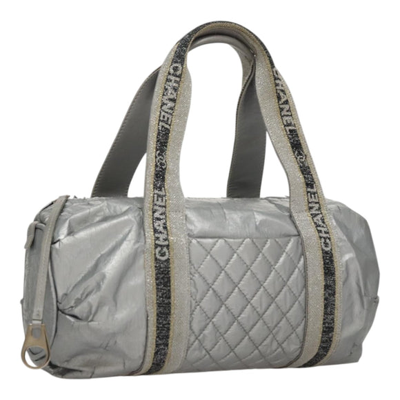 CHANEL Sports Hand Bag Coated Canvas Silver CC Auth bs21669