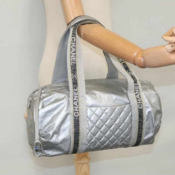 CHANEL Sports Hand Bag Coated Canvas Silver CC Auth bs21669