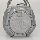 CHANEL Sports Hand Bag Coated Canvas Silver CC Auth bs21669-4