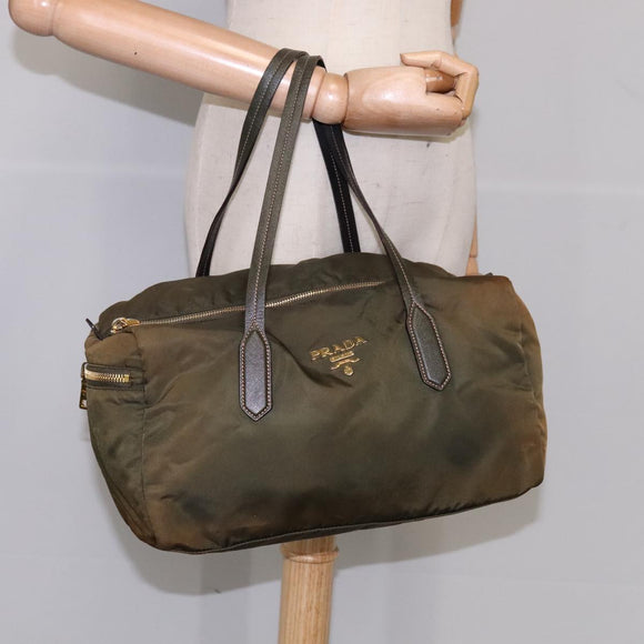 PRADA Boston Bag Nylon Khaki Gold Auth bs21678