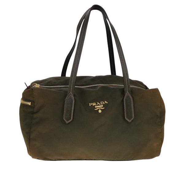 PRADA Boston tas nylon kaki goud Auth bs21678