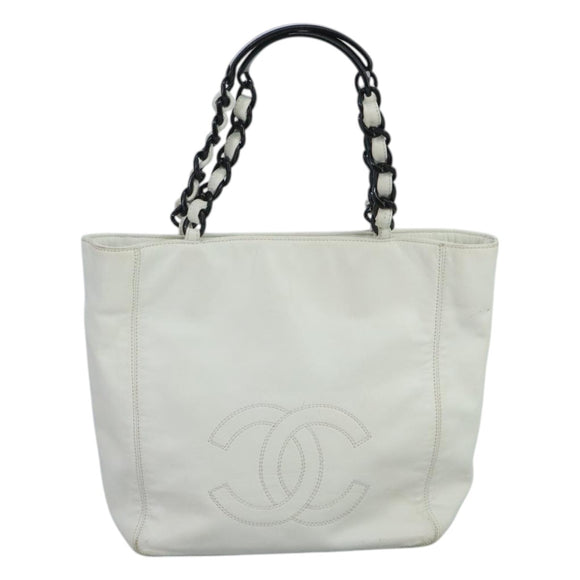 CHANEL Tote Bag Lamb Skin White CC Auth bs21711