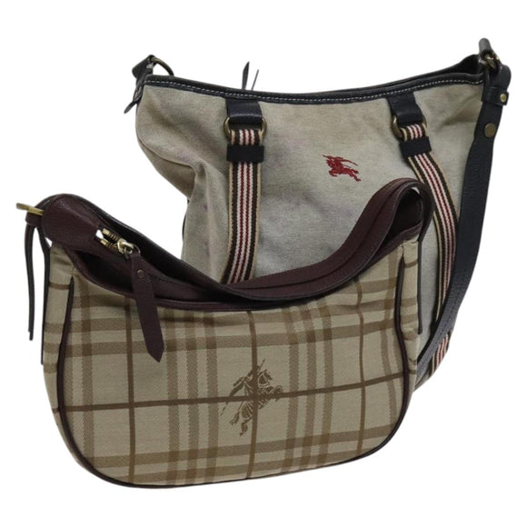 BURBERRY Nova Check Blue Label Shoulder Bag Canvas 2Set Beige Gray Auth bs21820