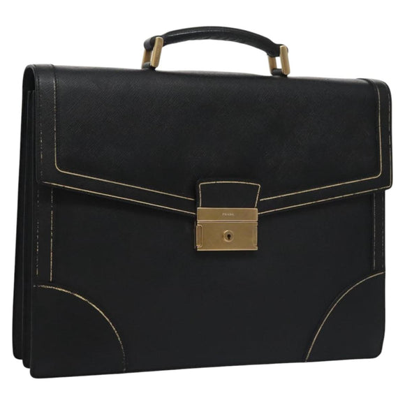 PRADA Business Bag Safiano leather Black Gold Auth bs21898
