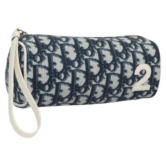 Christian Dior Trotter Canvas Pouch PVC Navy White Silver Auth bs21913
