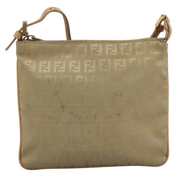 FENDI Zucchino Canvas Shoulder Bag Beige Gold Auth bs21960