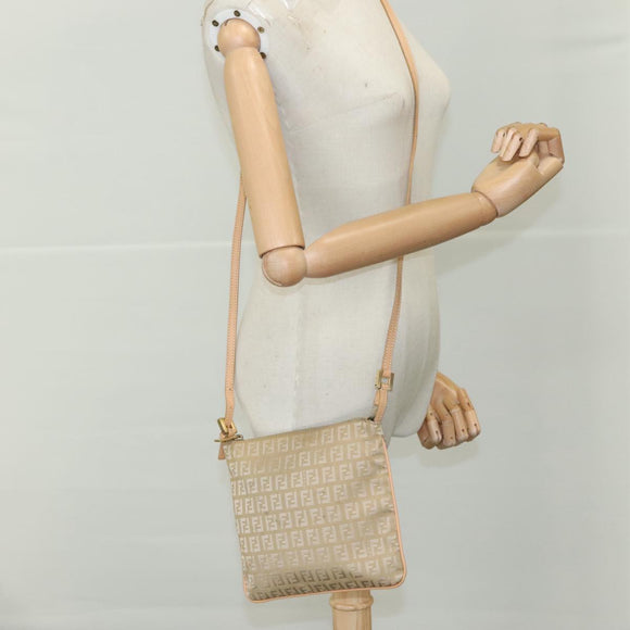 FENDI Zucchino Canvas Shoulder Bag Beige Gold Auth bs21960