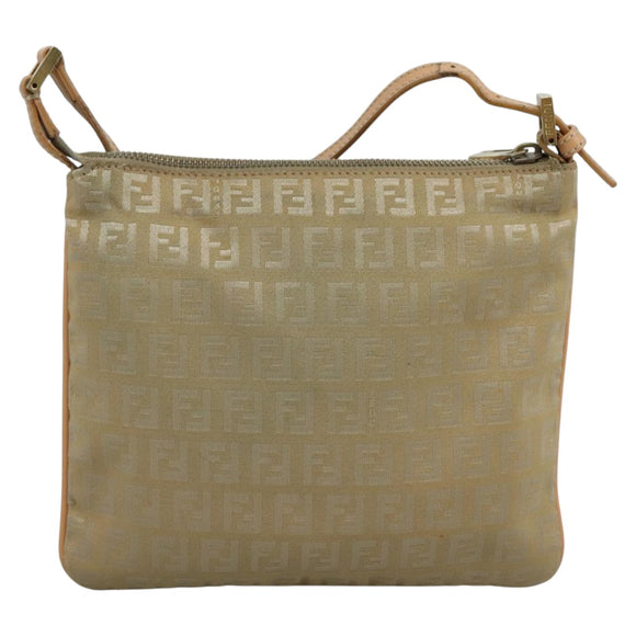 FENDI Zucchino Canvas Shoulder Bag Beige Gold Auth bs21960