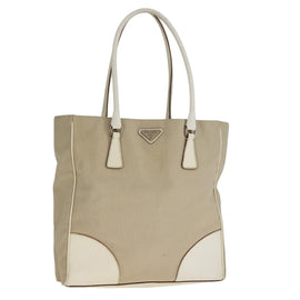 PRADA Tote Bag Canvas Leather Beige White Silver Auth bs21967