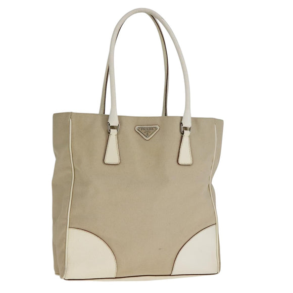 PRADA Tote Bag Canvas Leather Beige White Silver Auth bs21967