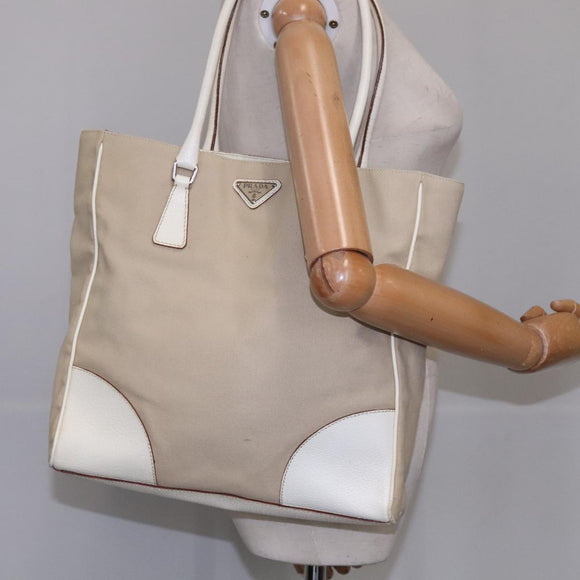 PRADA Tote Bag Canvas Leather Beige White Silver Auth bs21967