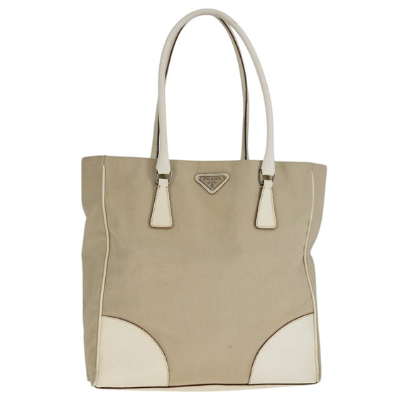 PRADA Tote Bag Canvas Leather Beige White Silver Auth bs21967
