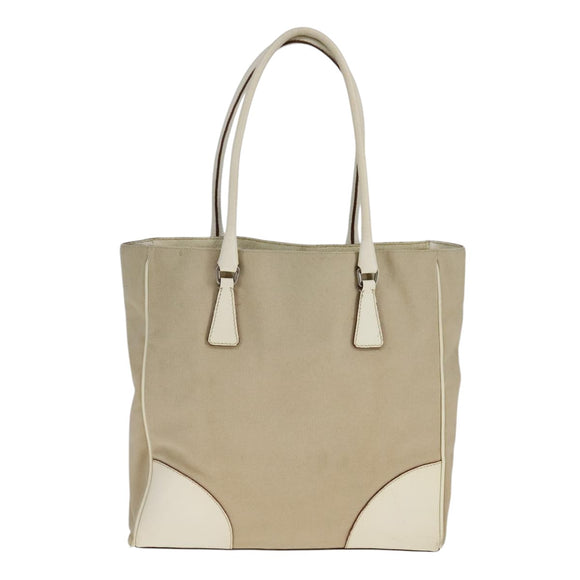 PRADA Tote Bag Canvas Leather Beige White Silver Auth bs21967