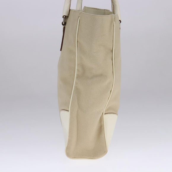 PRADA Tote Bag Canvas Leather Beige White Silver Auth bs21967