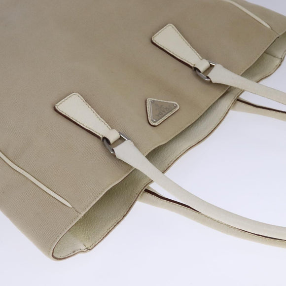 PRADA Tote Bag Canvas Leather Beige White Silver Auth bs21967