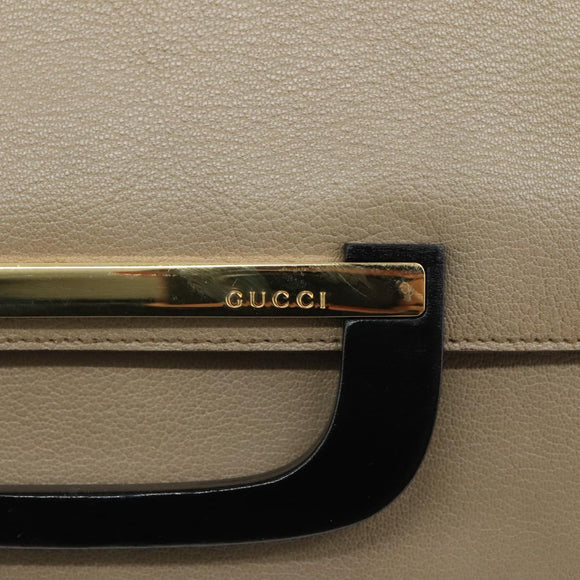 GUCCI Shoulder Bag Leather Wood Beige Black gold Auth bs21980