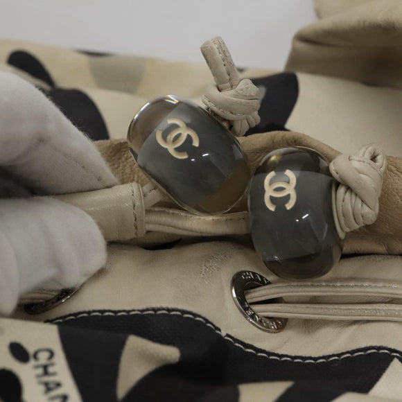 CHANEL Tote Bag Canvas White Black Silver CC Auth bs22011