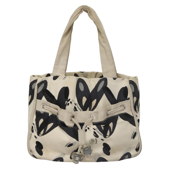 CHANEL Tote Bag Canvas White Black Silver CC Auth bs22011