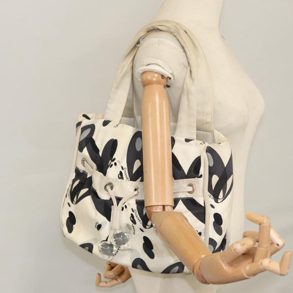 CHANEL Tote Bag Canvas White Black Silver CC Auth bs22011