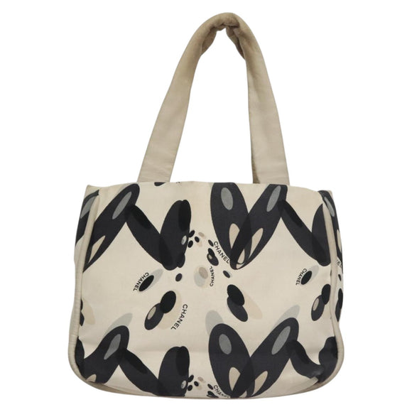 CHANEL Tote Bag Canvas White Black Silver CC Auth bs22011