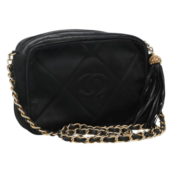 CHANEL Matelasse Ketting Schoudertas Satijn Zwart Goud CC Auth bs22051