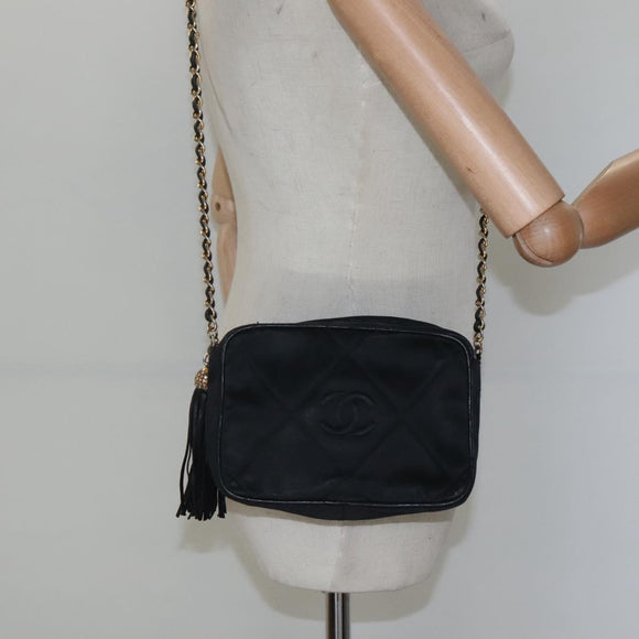 CHANEL Matelasse Chain Shoulder Bag Satin Black Gold CC Auth bs22051