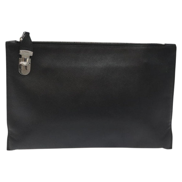 PRADA Clutch Bag Safiano Leather Black Silver Auth bs22233
