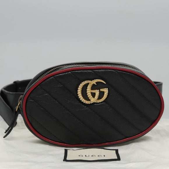GUCCI GG Marmont Waist bag Leather Black Red Auth bs22241V