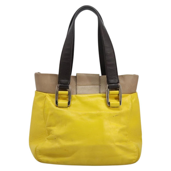 CELINE Hand Bag Leather Yellow Brown Silver Auth bs22250