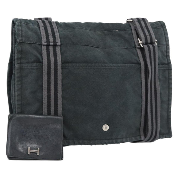 HERMES Wallet Shoulder Bag Canvas Leather 2Set Black Auth bs22282