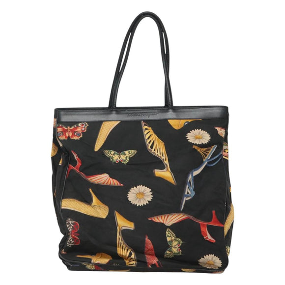 Salvatore Ferragamo Tote Bag Canvas Leather Black Gold Auth bs22290